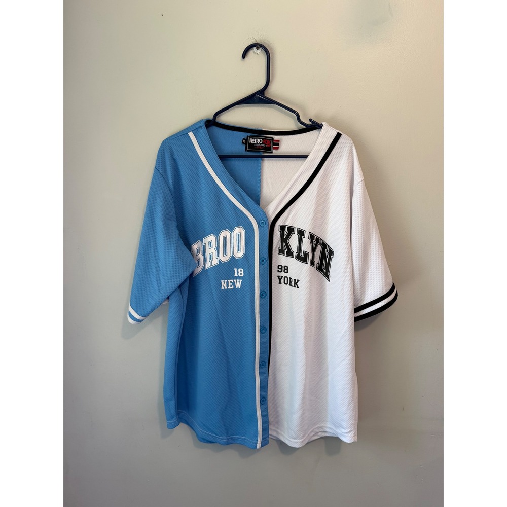 Retro Fox Brooklyn Baseball Jersey Mens XL Blue White Split Mesh Button Up